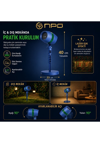 Npo Sh01 Star Shower Kırmızı Yeşil Lazer Işık Projektörü Kumandalı Bahçe Duvar Yıldız Efekti Lacivert