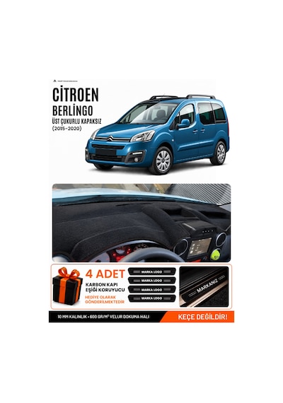 Citroen Berlingo Üst Çukurlu Kapaksız 2015-2020 Uyumlu Torpido Örtüsü - Siyah