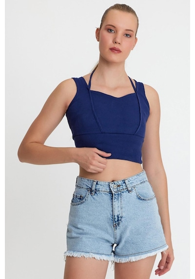 Polo State Kadın Ense Biye Detaylı Crop İndigo