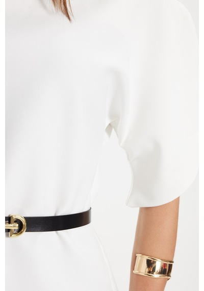 Tudors Kadın Slim Fit Dar Kesim Kol Detaylı İnce Kemerli Fermuarlı Beyaz Bluz Gömlek-50759