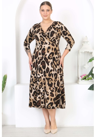 Mooi Xxl Kadın Kahve Siyah Leopar Desen Uzun Kol Kruvaze Yaka Büyük Beden Maxi Elbise Kahverengi