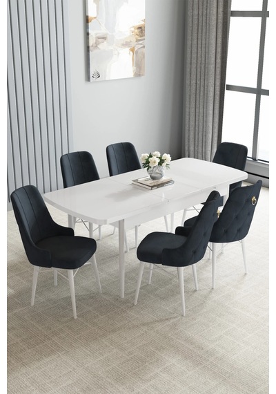 Zümra Serisi, Beyaz 80x132 Açılabilir Mdf Mutfak Masası Takımı 6 Adet Sandalye Antrasit Zümra Serisi, Beyaz 80x132 Açılabilir Mdf Mutfak Masası Takımı 6 Adet Sandalye Antrasit