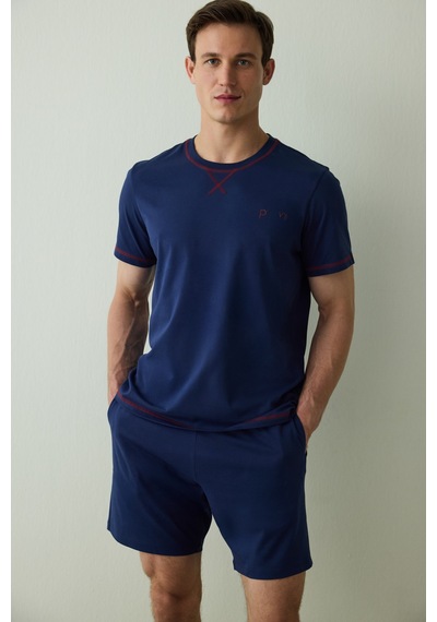Penti İndigo Erkek Navy Star Bisiklet Yaka Pamuklu Şortlu Pijama Takımı Indigo