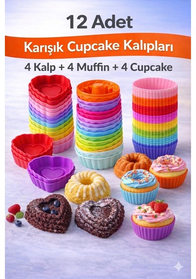 Silikon Karışık Mini Kek Kalıbı, Muffin + Kalp + Cupcake Kalıbı, Tekrar Kullanılabilir-12 Adet Çok Renkli - 904905092 Çok Renkli Silikon Karışık Mini Kek Kalıbı, Muffin + Kalp + Cupcake Kalıbı, Tekrar Kullanılabilir-12 Adet Çok Renkli - 904905092 Çok Renkli