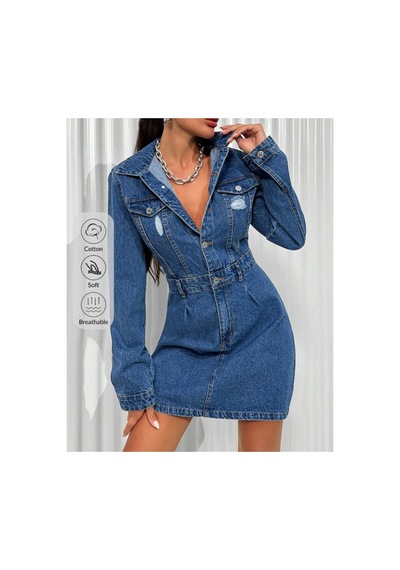 Kene Jeans Kadın Mavi Ön Pensli Lazer Yırtık İşlemli Kot Elbise Mavi