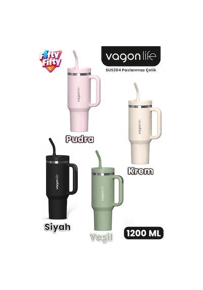 Tumbler Quencher Cup 1200 Ml Pipetli Rahat İçim Kulplu Sus304 Paslanmaz Çelik 1.2l Termos 1103-1200ml Siyah