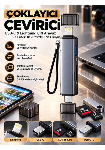 Type-c Lightning Çift Girişli Sd Tf Kart Okuyucu Usb Otg Apple iPhone Uyumlu Android Hafıza Kartı Adaptörü