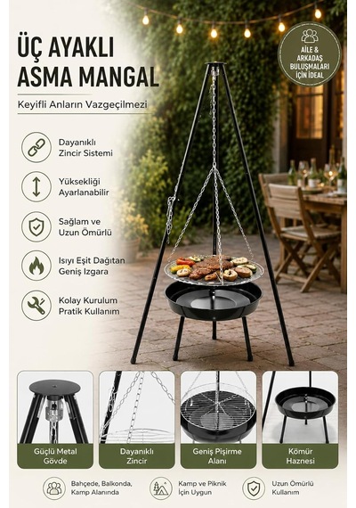 Paslanmaz Çelik Tripod Askılı Katlanır Kömür Barbekü Izgarası - Açık Hava Kullanımı İçin İdeal 23020 Diğer