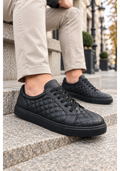 Mevese Egitserp Bağcıklı Cilt Kapitone Desenli Erkek Günlük Sneaker Ayakkabı - Kömür