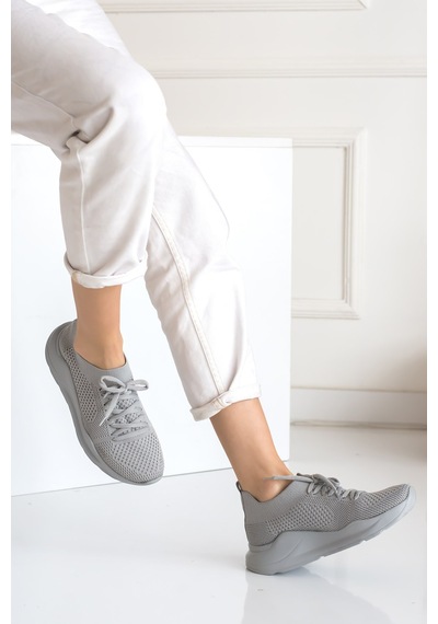 Kadın Triko Sneaker Bağcıklı Çorap Bileklik Detaylı Spor Ayakkabı 017 Buz