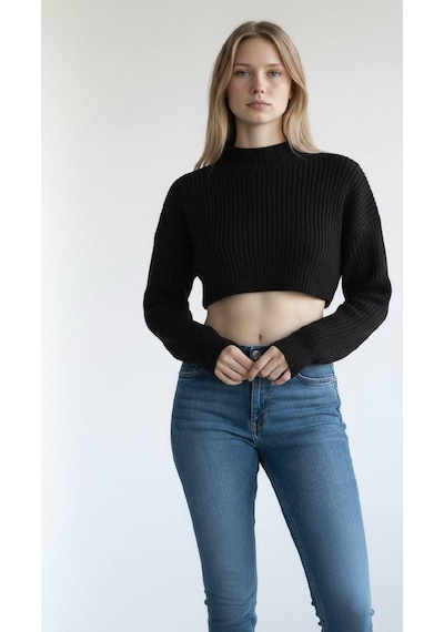 Miss Poem Siyah Kadın Boğazlı Fitilli Crop Triko Kazak Siyah