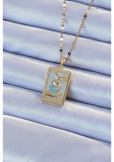 316l Çelik Zincir Altın Renk Mavi Mineli Tarot Kolye Çok Renkli