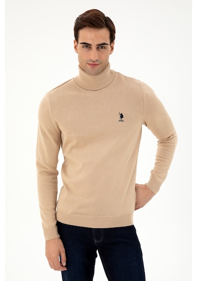 U.S. Polo Assn. Erkek Slim Fit Boğazlı Yaka Kum Melanj Basic Kazak 50293523-VR123