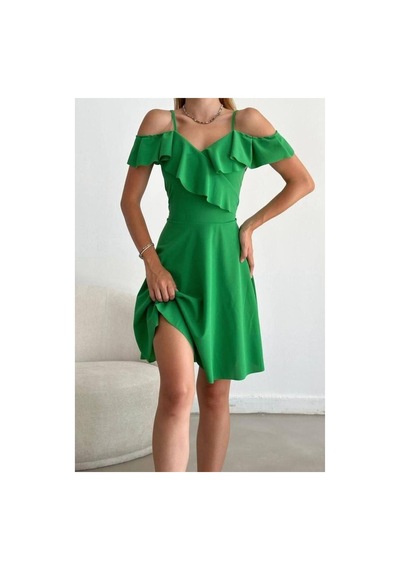 DefyModa Kadın Minimal Esnek Krep Kumaş Kruvaze Yaka Volanlı Abiye Elbise Yeşil