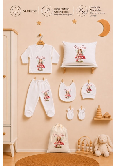 Pia Baby Kişiye Özel %100 Pamuk Kız Bebek Hastane Çıkışı Zıbın Seti 8 Parça Kese Hediyeli 1096zybk0x Krem