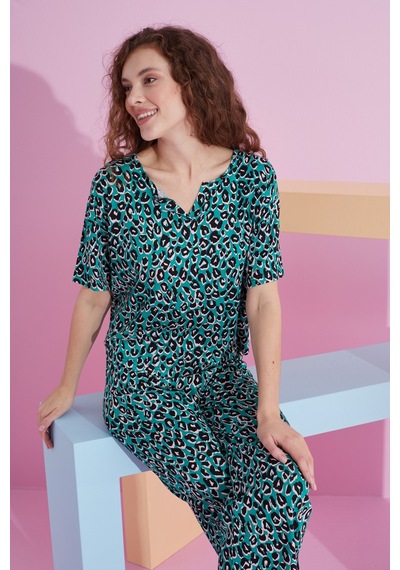 Siyah İnci Likralı Örme Pijama Takım 7803 Yeşil Leopar