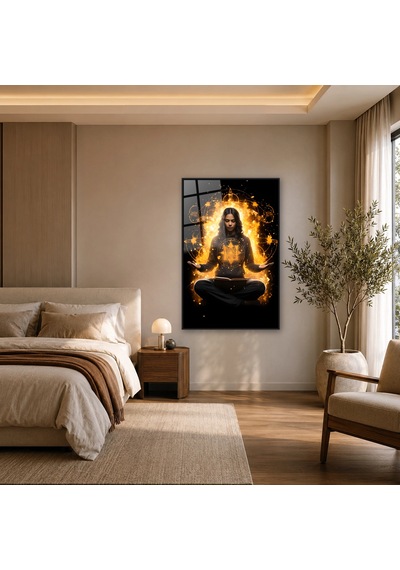 Altın Işıkta Meditasyon Yapan Kadın Siyah Çerçeveli Cam Tablo