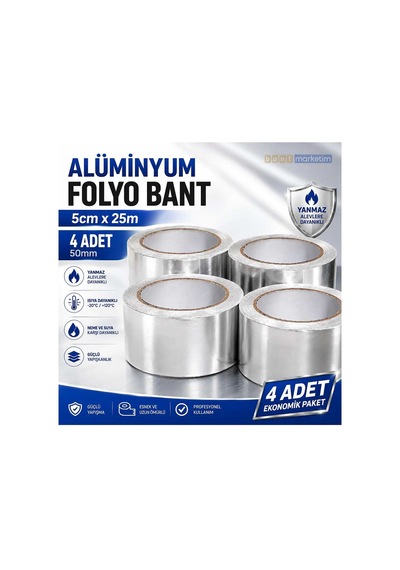 Alüminyum Folyo Bant 50mm X 25m 4 Adet Isı Ve Aleve Dayanıklı Yapışkanlı Folyo Bant Bant Marketim