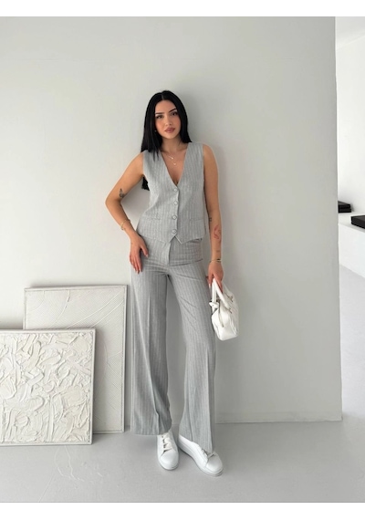 Moda Kadın Çizgili Tansel Kumaş Yelek Pantolon İkili Takım Ofis Şık Modern - Gri Çok Renkli