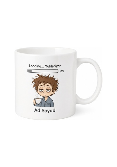 Loading Yükleniyor Çizimli Uyanmaya Çalışan Sabah İnsanı Kupası Hediye Bardak Beyaz / Çok Renkli