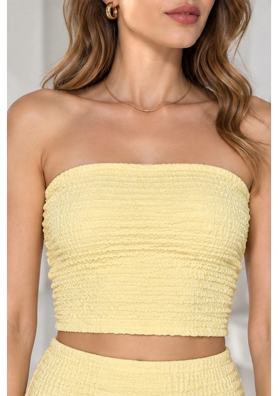 Mevese Kadın Bürümcük Kumaş Straplez Crop Ve Midi Kalem Etek İkili Set - Sarı
