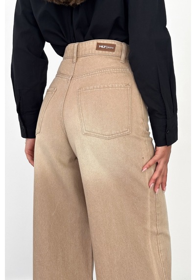 HLT Jeans Bej Kadın Wide Leg Jean %100 Pamuklu Yüksek Bel Palazzo Kot Pantolon Angel-2060