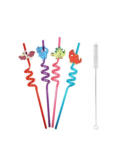 5 Parça Renkli Pipet Seti - Emojili Spiral Kokteyl- Çocuk Pipeti Temizleme Fırçalı Diğer