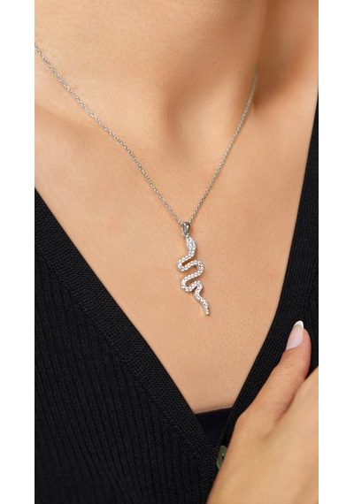 Roza Silver  Zirkon Taşlı Rodyum Yılan Gümüş Kolye