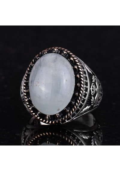 Gerçek Doğal Taş Yüzük - El Yapımı Şahin Yüzük - 925 Ayar Gümüş Yüzük Aquamarine Gümüş