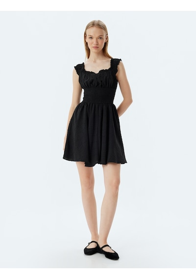 Koton Mini Poplin Elbise Fırfırlı Yaka Gipeli Kolsuz Dokulu Siyah 4sal80208ıw