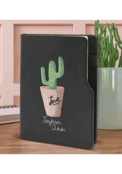 Bk Gift Kişiye Özel Kaktüs Tasarımlı Siyah Termo Deri Not Defteri 15x21cm-5