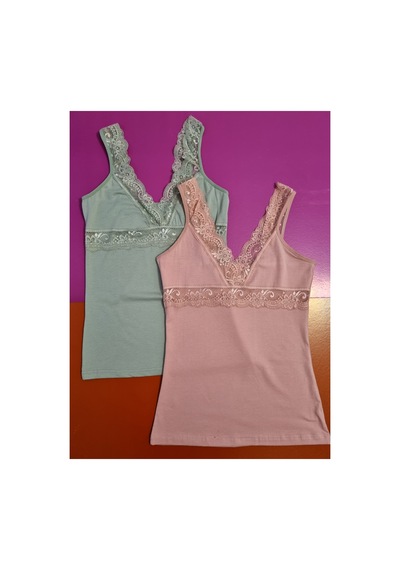 Demirsa Boutique Modal Kumaş V Yaka Dantel Askılı Pudra Ve Yeşil 2'li Kadın Atlet Pudra-yeşil