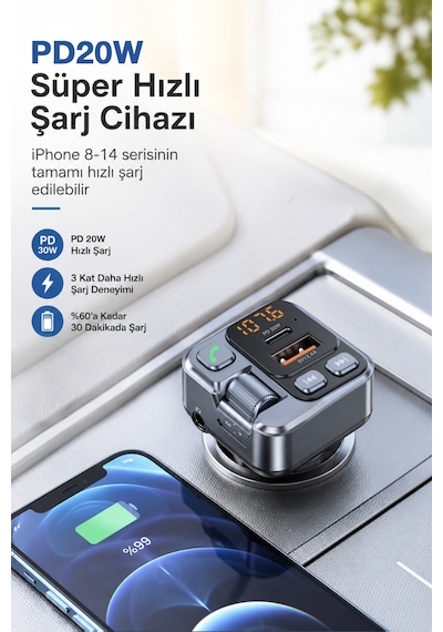 Bluetooth 5.3 Fm Transmitter Araç Çakmaklık Şarj Cihazı Pd 20w Type-c Usb Hızlı Şarj Aux Eller Serbest Konuşma Dijital Voltaj Göstergeli