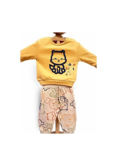 Cantoy Erkek Çocuk Kedi Nakışlı Eşofman Takım-15450 HARDAL