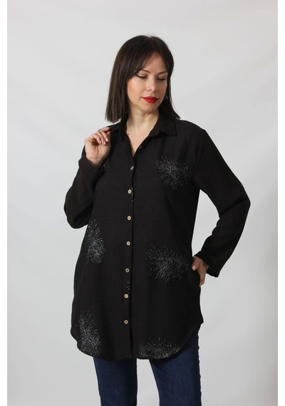 Moda Berray Sb-092 Siyah Gümüş Yaldızlı Güneş Desenli Kolu Apoletli Yandan Cepli Tunik Gömlek Kadın Büyük Beden Siyah Moda Berray Sb-092 Siyah Gümüş Yaldızlı Güneş Desenli Kolu Apoletli Yandan Cepli Tunik Gömlek Kadın Büyük Beden Siyah