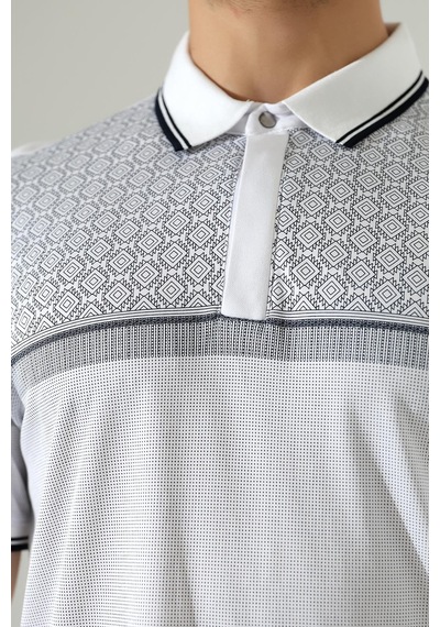 Rıbana Classıc Fermuar Detaylı Desenli Pamuklu Polo Yaka T-shirt Beyaz