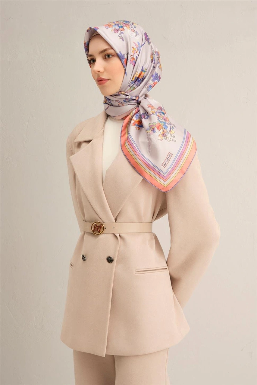 Armine Çiçek Desenli Saf İpek Twill Eşarp 9316d 80 Lila