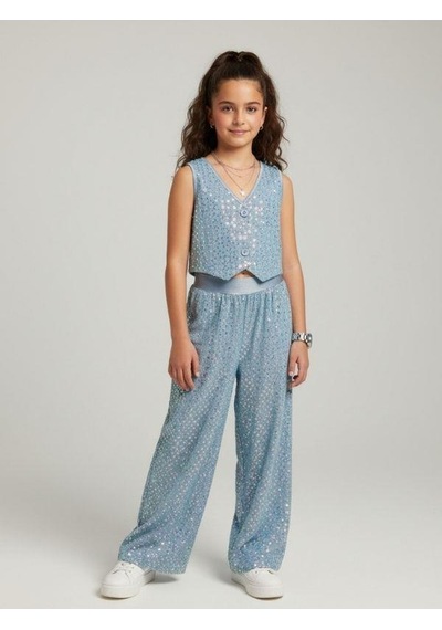 Zekids Kız Çocuk Işıltılı Yelek Pantolon Takım-16881 Mavi