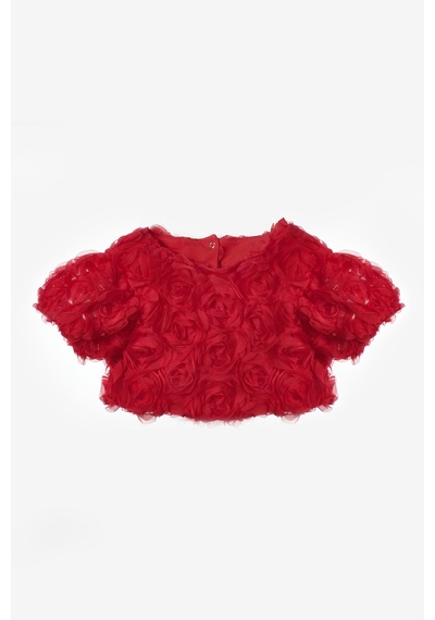 Le Mabelle Kırmızı Kısa Kollu Gül Aplike Detaylı Kız Çocuk Crop Bluz - Millie Kırmızı