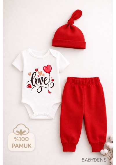 Babyden's Love Baskılı 3 Lü Bebek Takımı Kısa Kol Çıtçıtlı Body,pantolon Ve Şapka Set Kırmızı - Beyaz