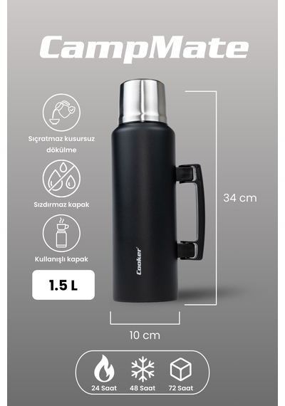Cooker Campmate 1.5 Litre Paslanmaz Çelik Termos Ckr2085 Siyah