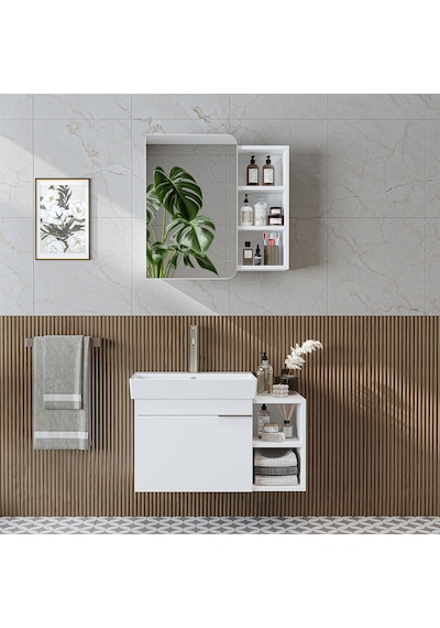 Likya Tek Kapaklı Lavabolu 82 Cm Banyo Alt Dolabı + Üst Dolabı, Lavabolu Mdflam Banyo Dolabı Takımı Beyaz