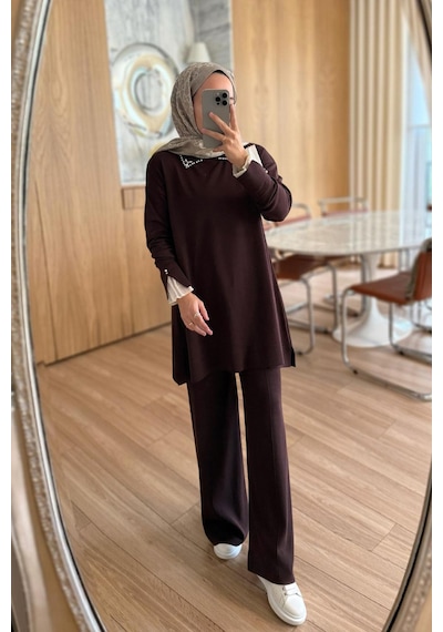 Ka Hijab Kolu Tüllü Merserize Takım - Kahverengi