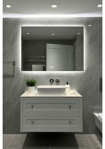 Digital Hayat Buğu Çözücü Dokunmatik Dimlenebilir Dikdörtgen Ayna Beyaz Işıklı Led Dekoratif Banyo Makyaj Aynası Yatay Ve Dikey Kullanım Beyaz
