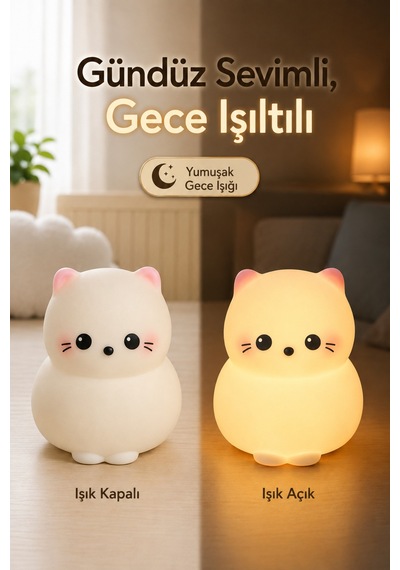 Cappo - Kedi Figürlü Şarjlı Silikon Gece Lambası 3 Kademe Dokunmatik Usb-c Beyaz Beyaz