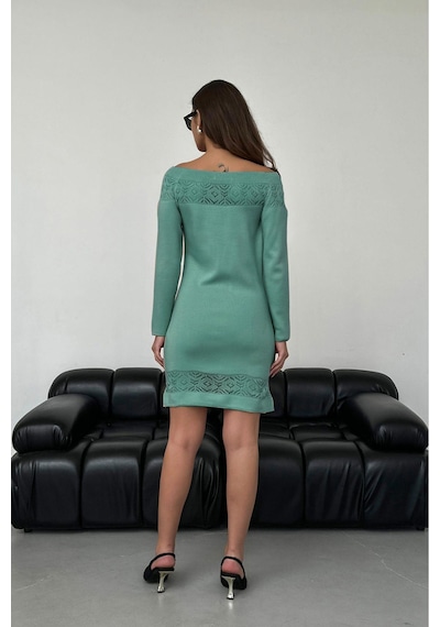 Aqe Fashion Kadın Kayık Yaka Yakası Dantel Detaylı Mint Triko Elbise Mint