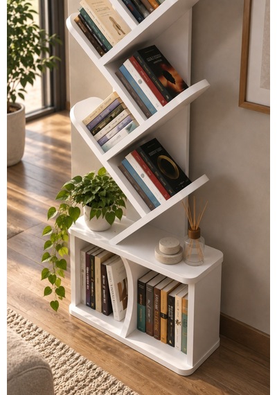 Sulorahome Yaprak Tasarımlı Beyaz Kitaplık 45x132 Cm Antrasit