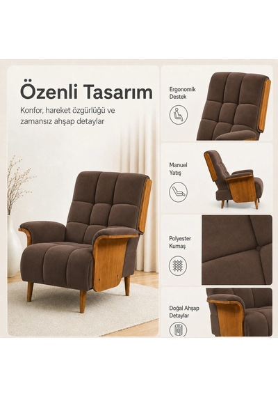 Smarto Genova Sabit Ergonomik Ekru Polyester Kumaş Tv Koltuğu Berjer Baba Koltuğu Kahverengi