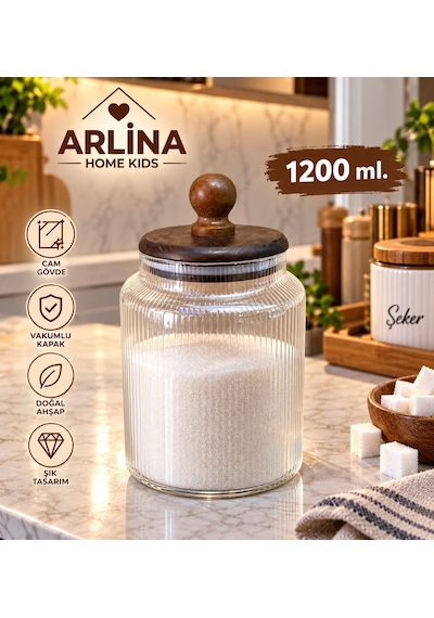 1200 Ml Akasya Kapaklı Ball Cam Kavanoz Şeffat Cam - Akasya Ahşap Kapak