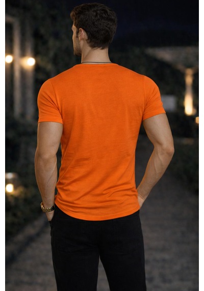 Bybülent Erkek Oval Yaka Tişört Açık Yaka Likralı Slim Fit T-shirt Turuncu